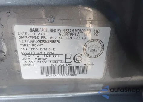 2019 Nissan Versa Note S/Sr/Sv from USA, damaged, VIN 3N1CE2CP3KL356826
